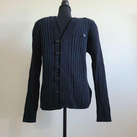 ZARA Man Navy Ribbed Knit Cardigan Sweater M Minimalist Preppy Y2K 00's - Picture 5 of 7